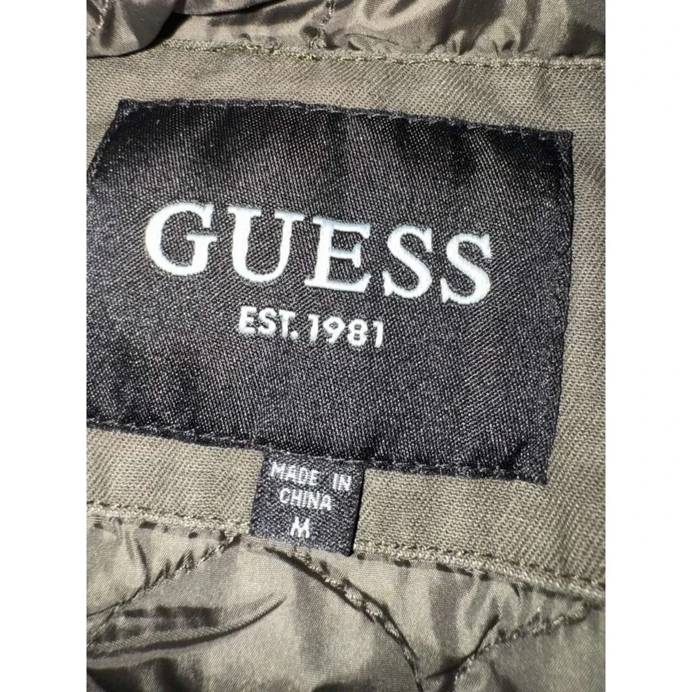 Guess Men's Size M Sherpa Lined Military Style Hooded Jacket Snap Button Olive